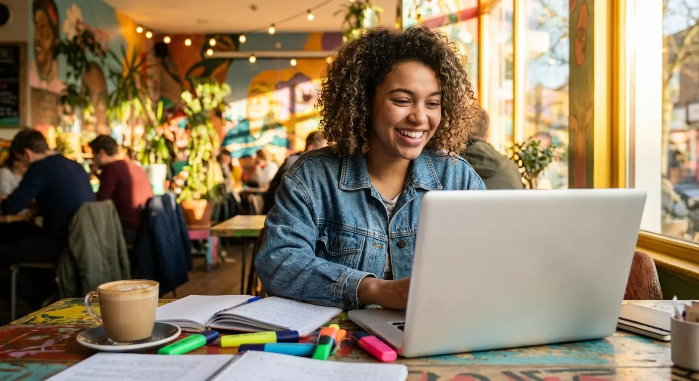 Estudiante universitaria feliz trabajando en su tesis con Tesify