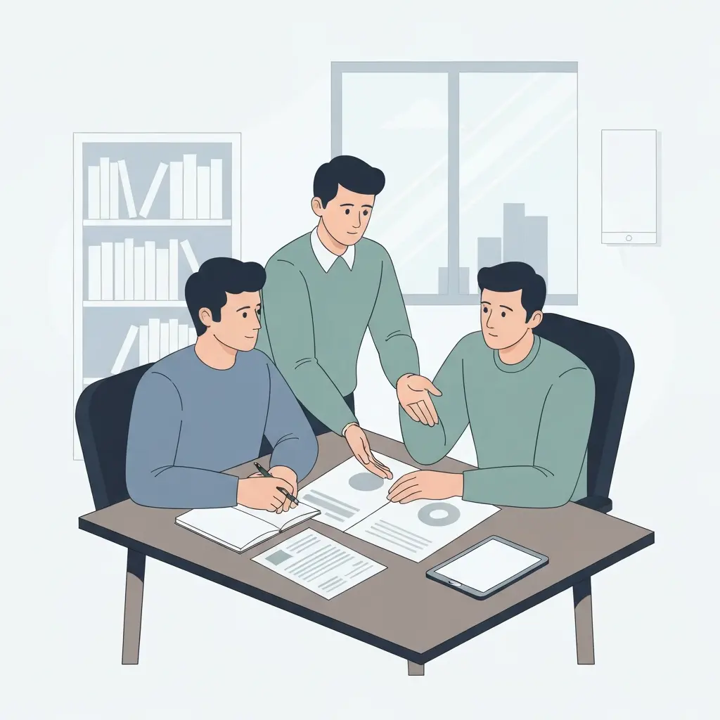 Estudiante eligiendo el tema del TFG con su tutor universitario, evaluando la viabilidad del trabajo