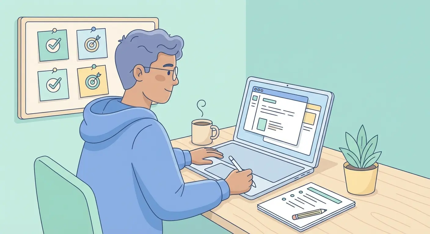 Estudiante latinoamericano redactando objetivos de investigación para su tesis de grado; ilustración vectorial en colores pastel con laptop y libreta