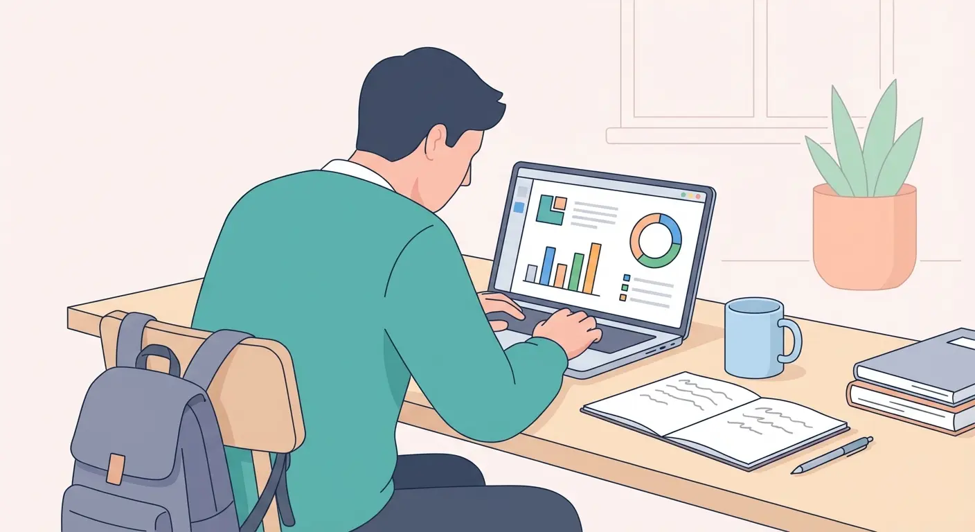 Estudiante universitario analizando datos de TFG en ordenador con gráficos y visualizaciones de datos en pantalla