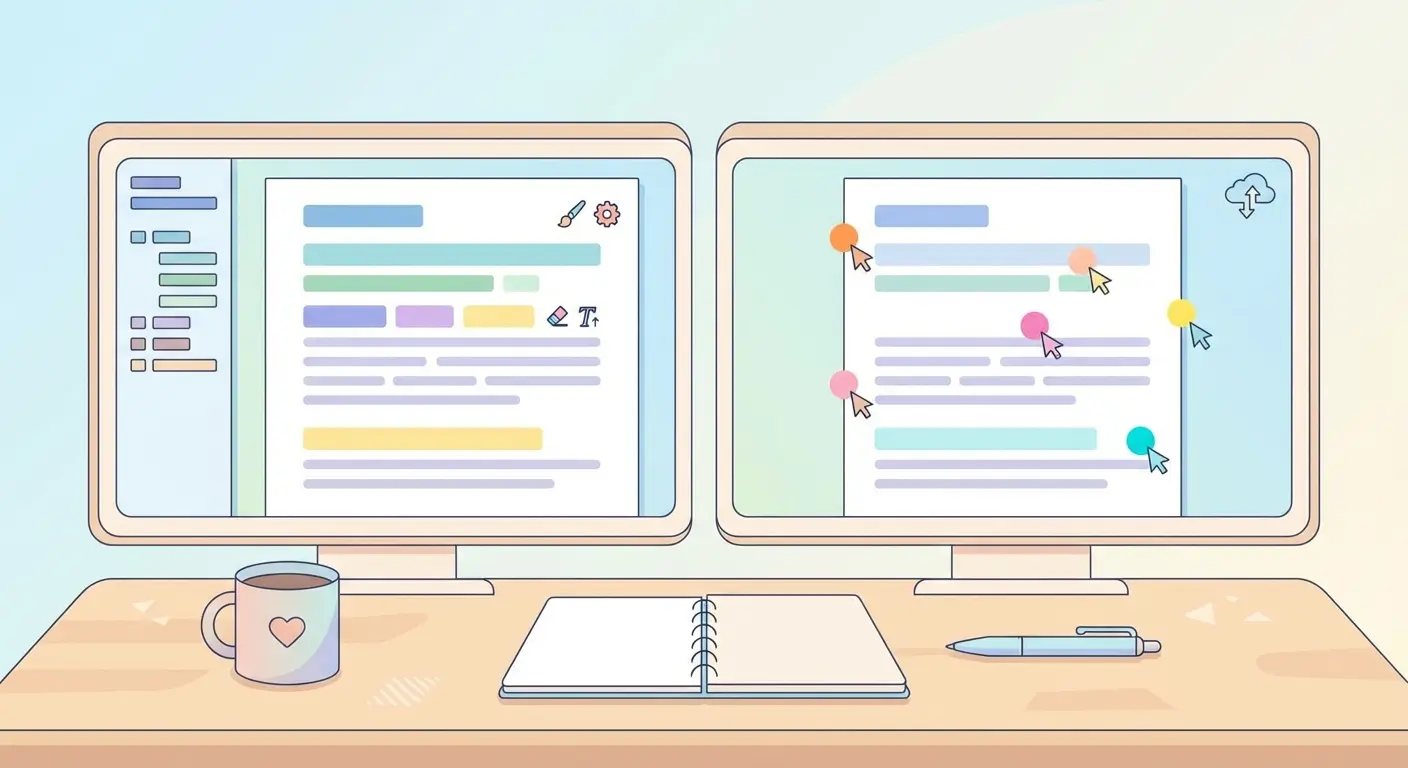 Comparativa plantilla TFG Word vs Google Docs: dos pantallas en escritorio de estudiante mostrando procesador de texto con estilos avanzados y editor colaborativo en línea