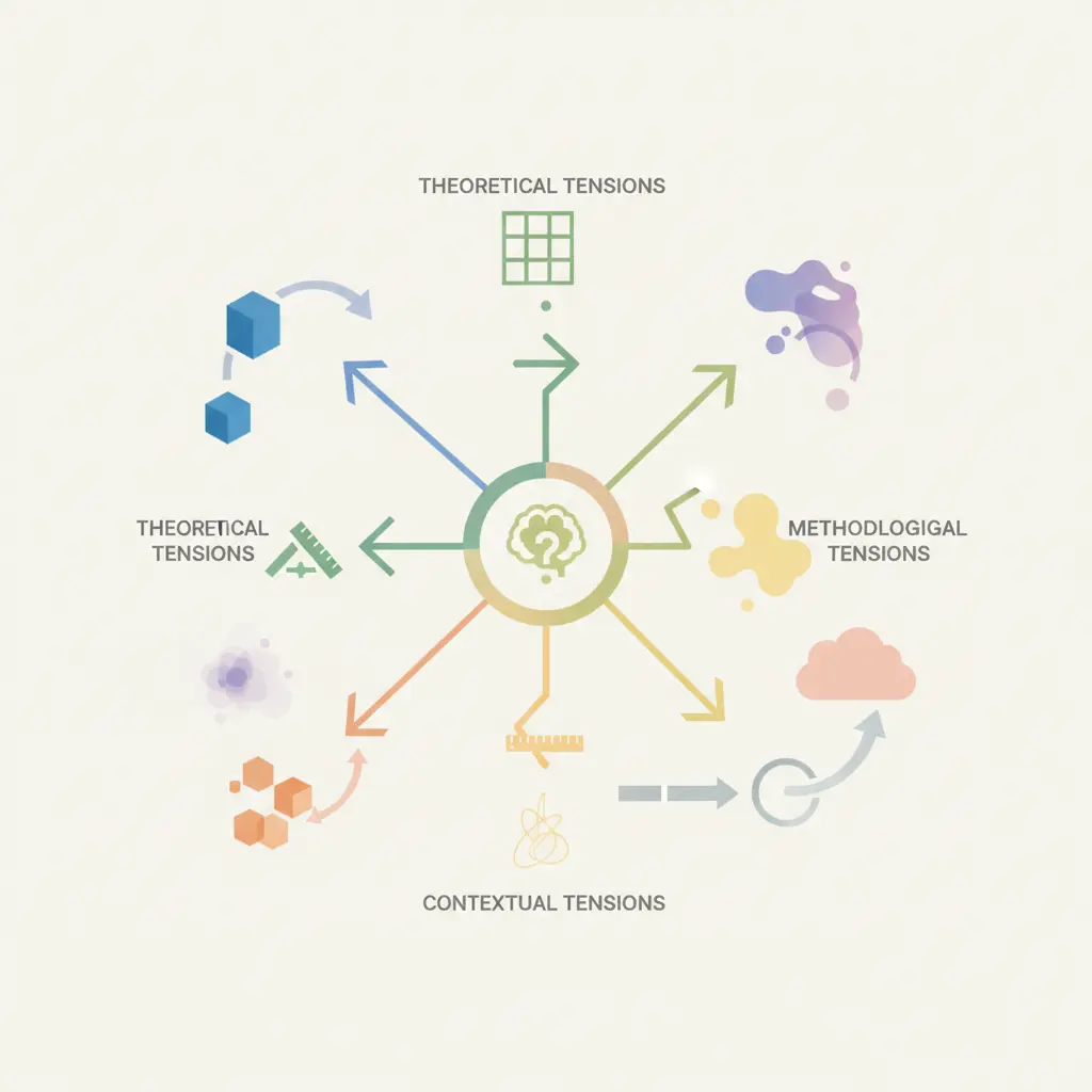 Esquema de los cinco pasos para sintetizar el estado del arte en la metodología TFG: mapeo, agrupación temática, tensiones, lagunas y argumento propio
