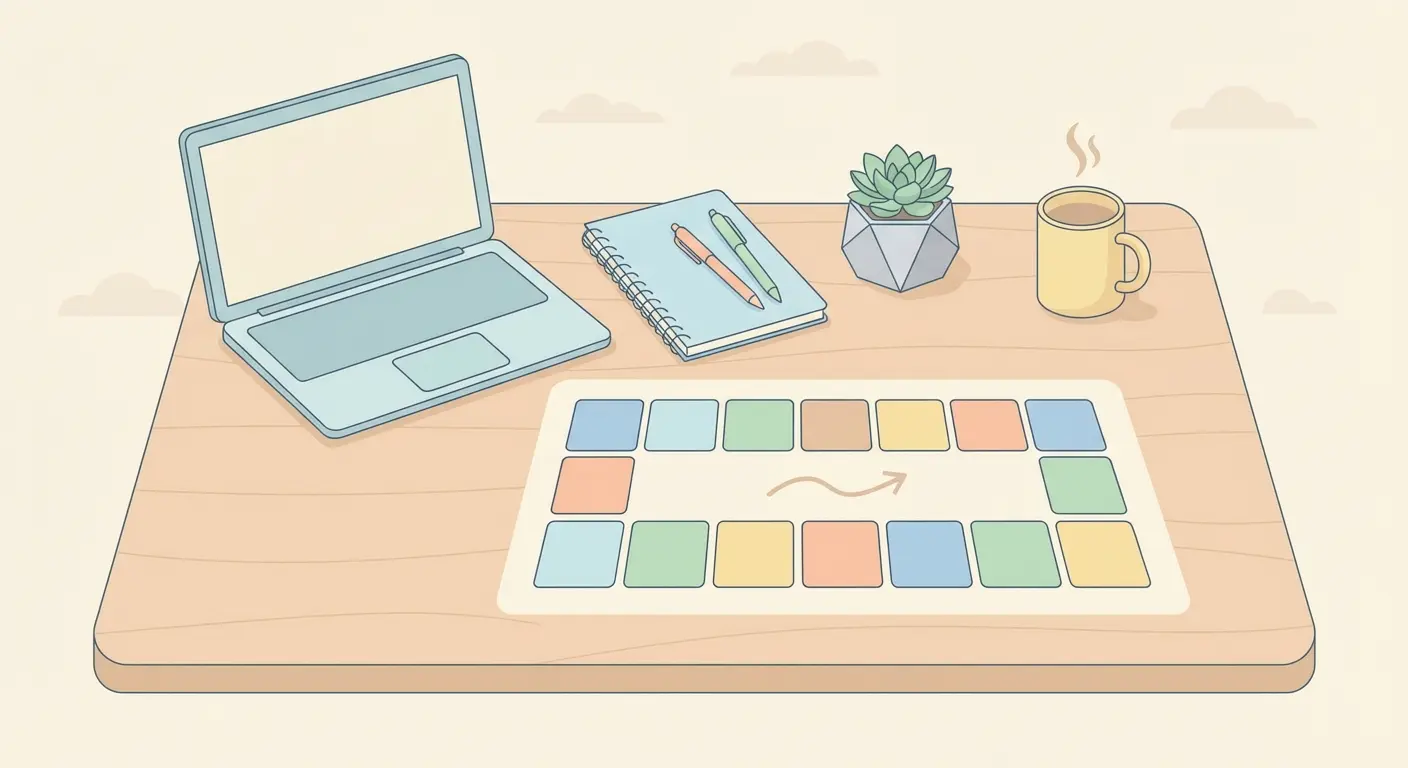 Escritorio organizado con laptop, cuaderno y calendario de colores que representa la planificación de una tesis de grado en 14 días para estudiantes latinoamericanos