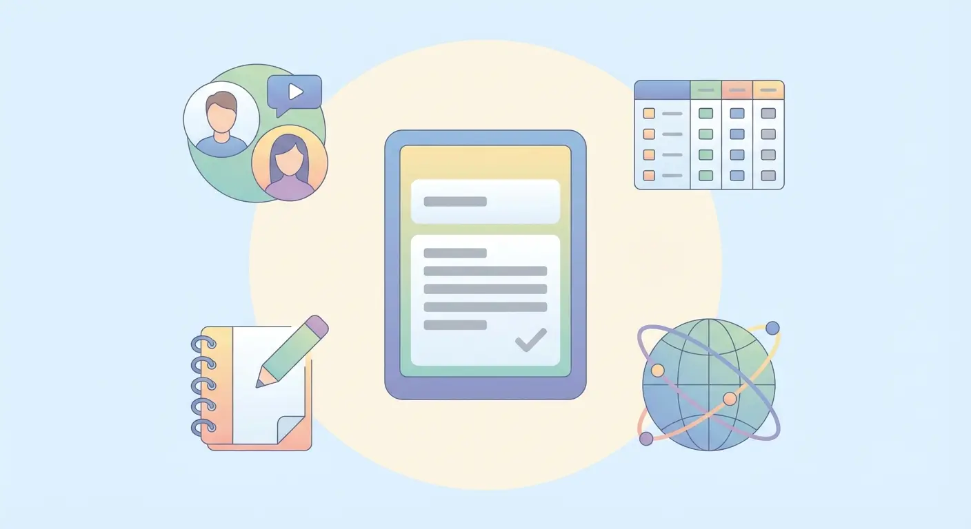 Ilustración de cinco métodos de recolección de datos para tesis: encuestas online, entrevistas virtuales, datos secundarios, observación estructurada y análisis de contenido digital