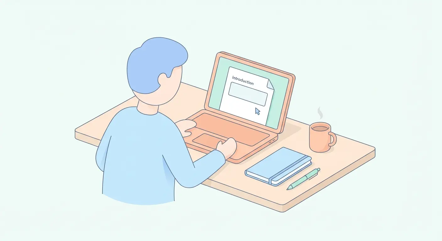 Estudiante escribiendo la introducción de su TFG en un ordenador portátil en un escritorio ordenado