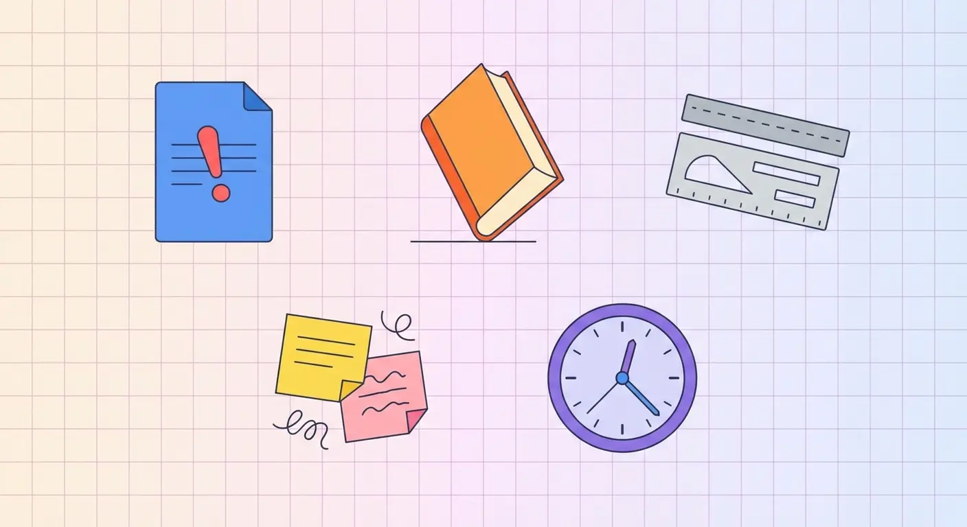 Iconos que representan los cinco errores más comunes al usar inteligencia artificial en TFG y TFM universitarios