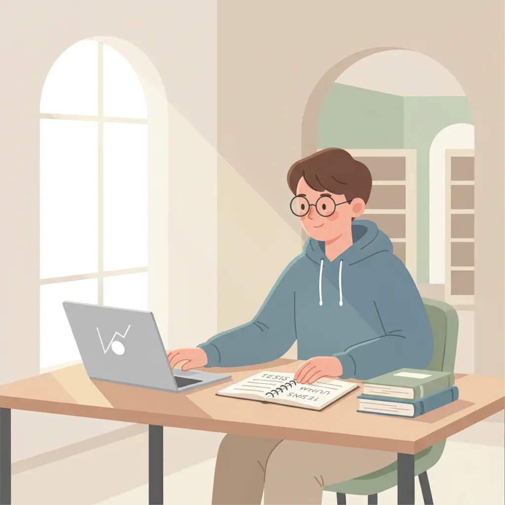 Estudiante universitario trabajando en su tesis en la biblioteca central de la UNAM con laptop y apuntes