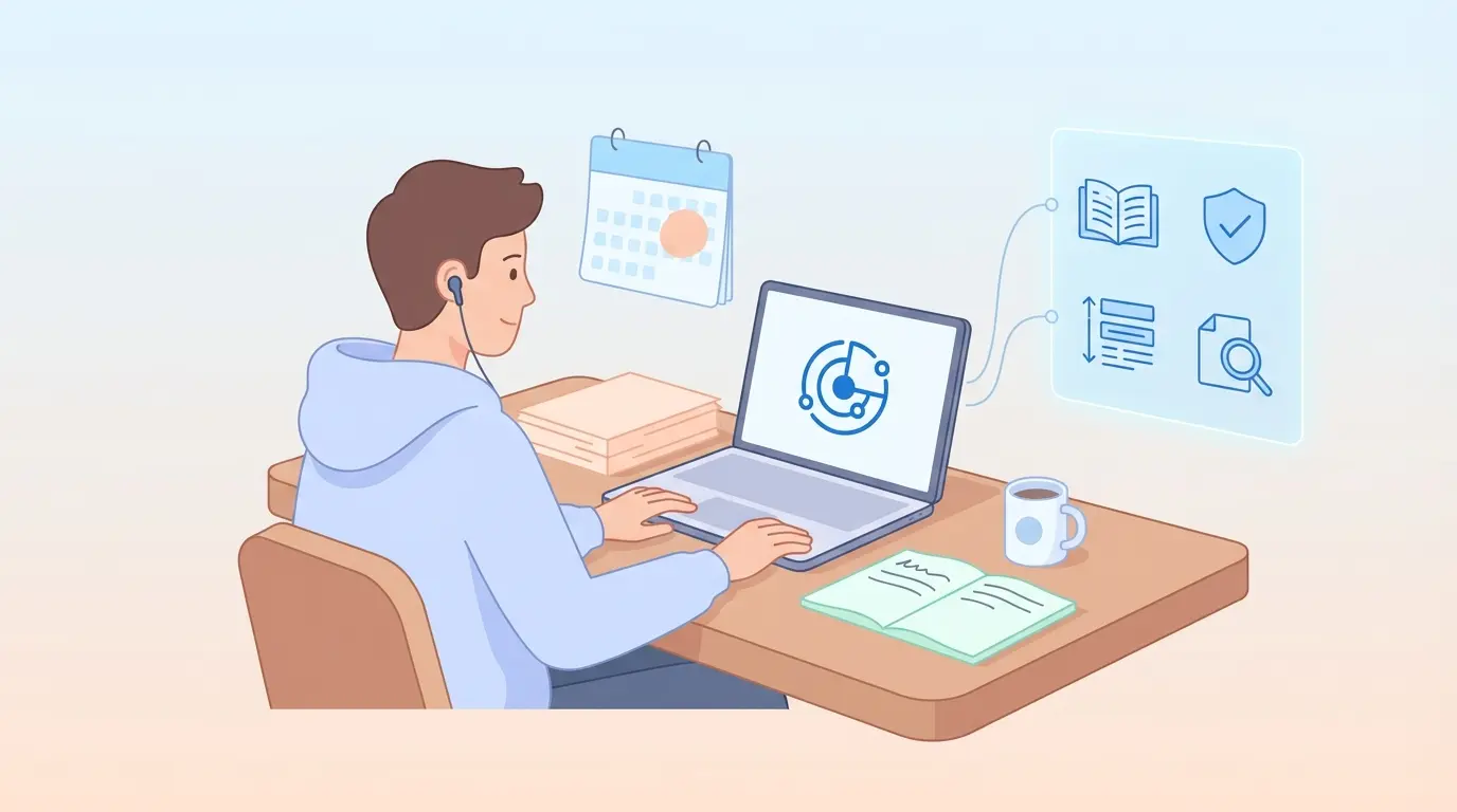 IA para tesis — Estudiante concentrado frente a un portátil con iconos de funciones de IA académica como bibliografía, antiplagio y formato APA