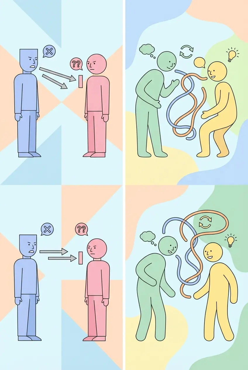 Comparación visual entre preguntas cerradas y preguntas abiertas en un guión de entrevista cualitativa: de la interacción rígida a la conversación exploratoria