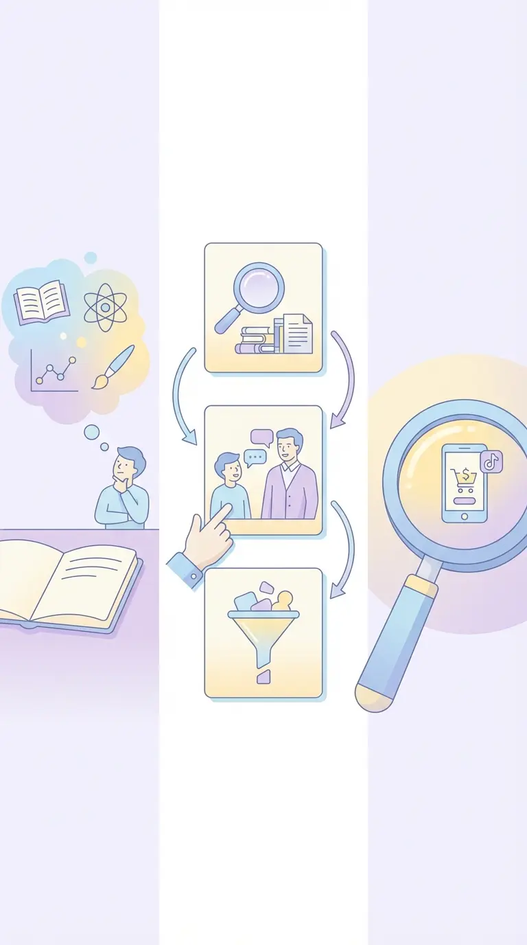 Ilustración vectorial plana mostrando cómo elegir y acotar un tema para el TFG en tres pasos: explorar, consultar tutor y acotar