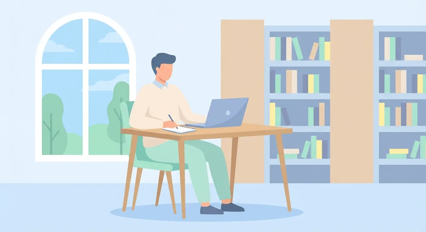 Estudiante universitario español escribiendo su TFG en una biblioteca con ordenador portátil y apuntes