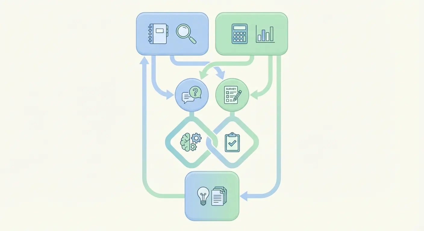 Diagrama de flujo que representa la integración de metodología de investigación cualitativa y cuantitativa en el diseño de una tesis