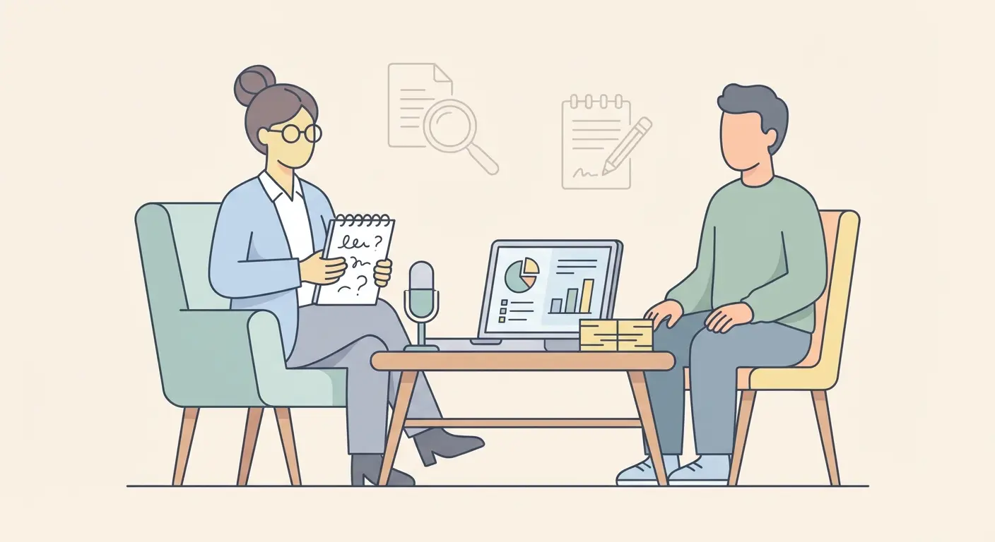 Investigadora realizando una entrevista cualitativa semiestructurada con guion, micrófono y triangulación de fuentes para garantizar fiabilidad metodológica en TFG y TFM