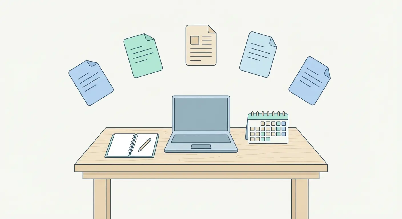 Plan semanal de revisión bibliográfica — escritorio con calendario de 7 días y cinco fuentes para sintetizar