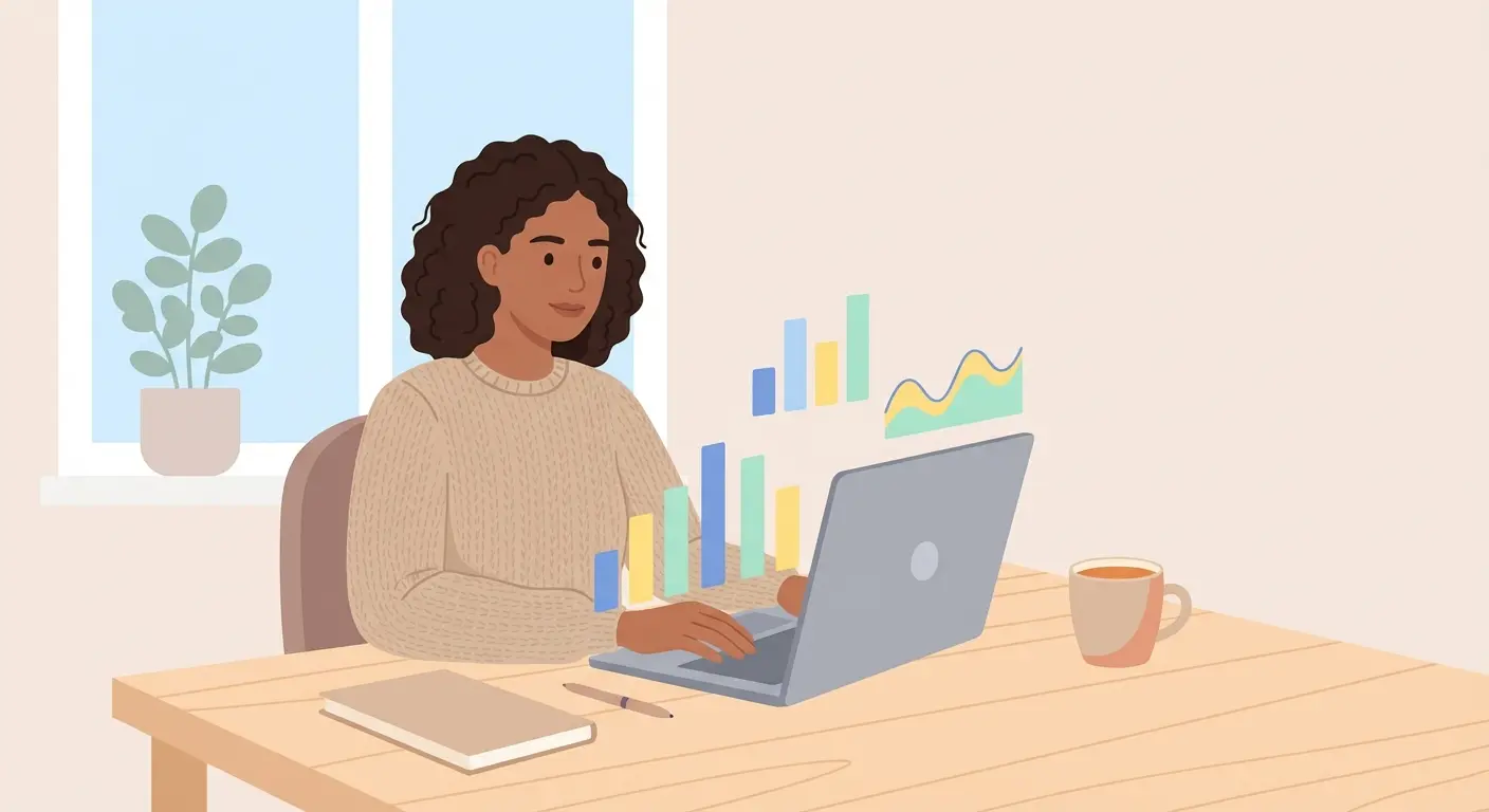 Estudiante latinoamericano analizando datos para su tesis de grado en laptop con visualizaciones en espacio de estudio ordenado