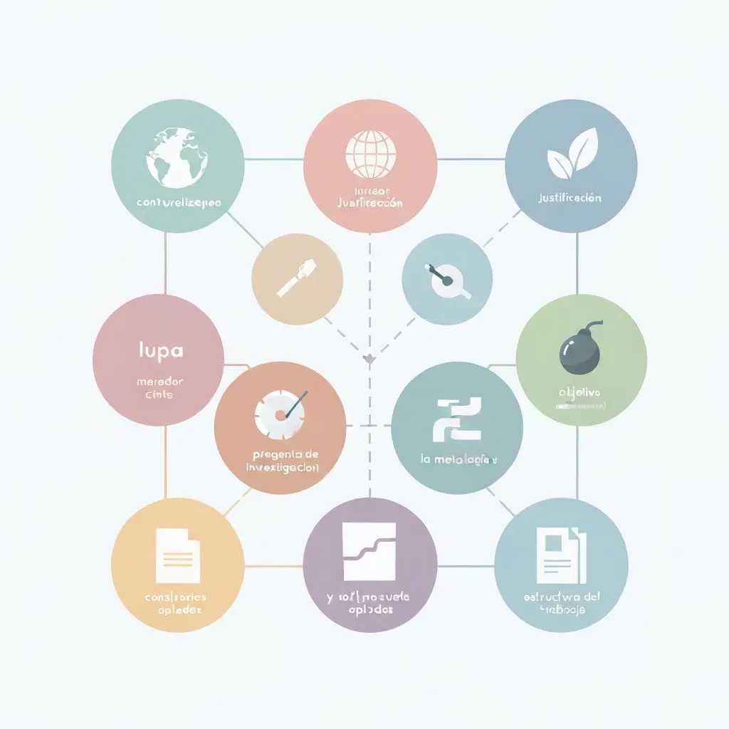Diagrama con los siete componentes de la introducción de un TFG: contextualización, justificación, pregunta de investigación, objetivos, hipótesis, metodología y estructura