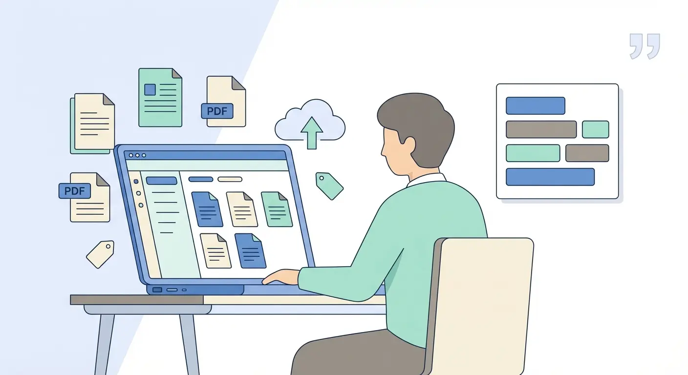 Ilustración que muestra la gestión de citas con Zotero y la creación de bibliografía en APA 7 — estudiante organizando fuentes en su biblioteca.