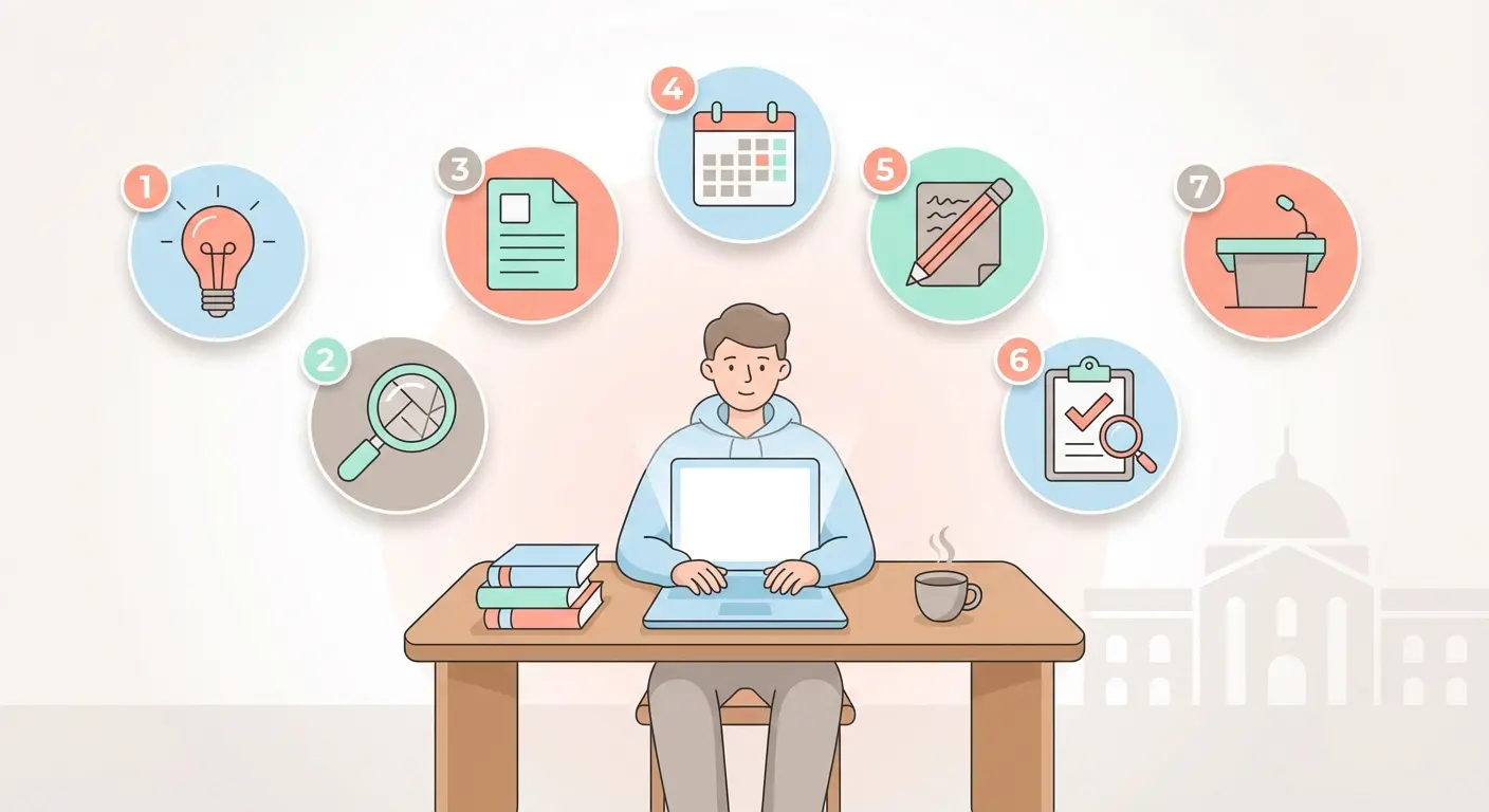 TFG ejemplo: estudiante siguiendo 7 pasos para aprobar rápido con checklist, calendario y estrategia