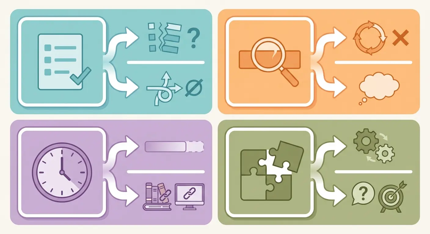 Diagrama con los cuatro errores diagnósticos más comunes en el estado del arte de una tesis: estructura en lista, falta de gap, fuentes inadecuadas y desconexión con la pregunta de investigación