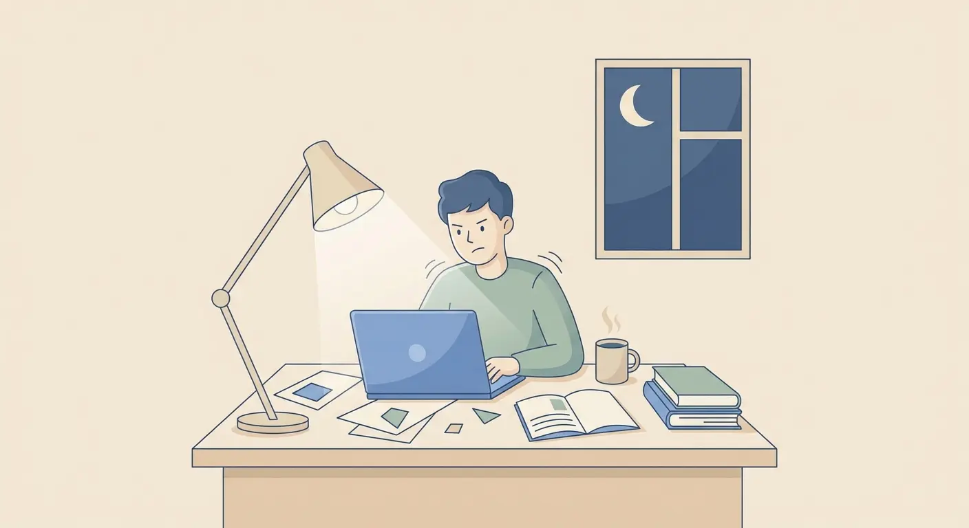 Estudiante universitario con ansiedad por la tesis trabajando de noche frente al ordenador con apuntes y café