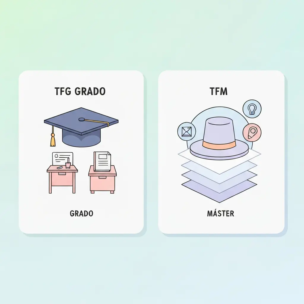 Diferencia entre TFG y TFM para estudiantes universitarios españoles: comparativa visual de nivel grado y máster