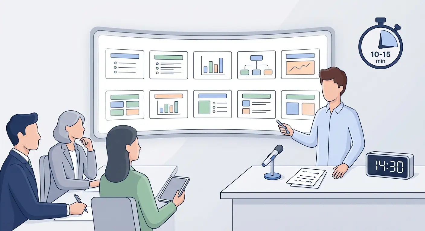 Ilustración vectorial de la preparación para la defensa del TFG — estudiante practicando presentación de 10-12 diapositivas frente a tribunal simulado.