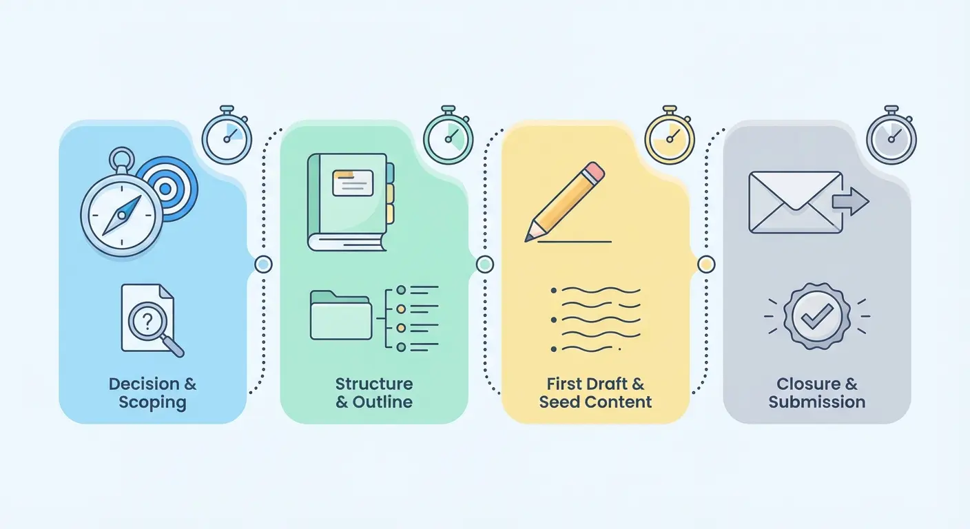Infografía vectorial plana que ilustra un plan de rescate de 48 horas para un TFG con cuatro fases secuenciales: decisión, estructura, primer borrador y cierre/envío.