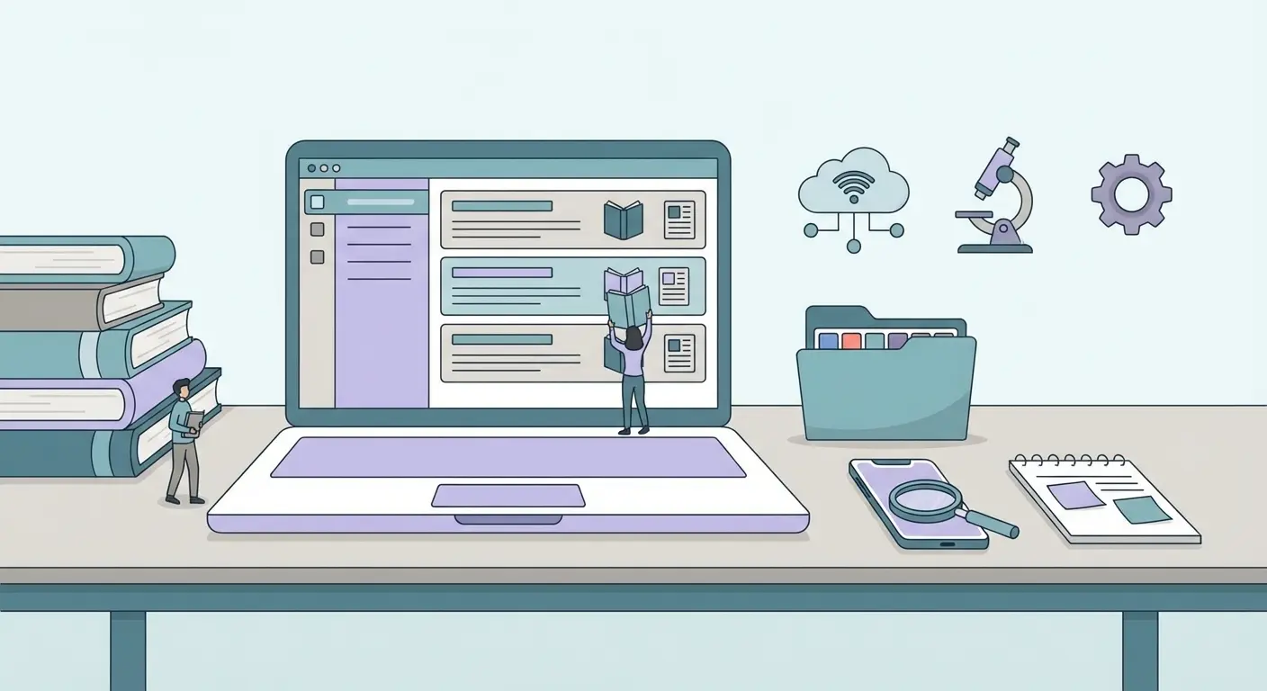 Ilustración vectorial plana sobre investigación para TFG: fuentes académicas, bases de datos y gestor bibliográfico organizado