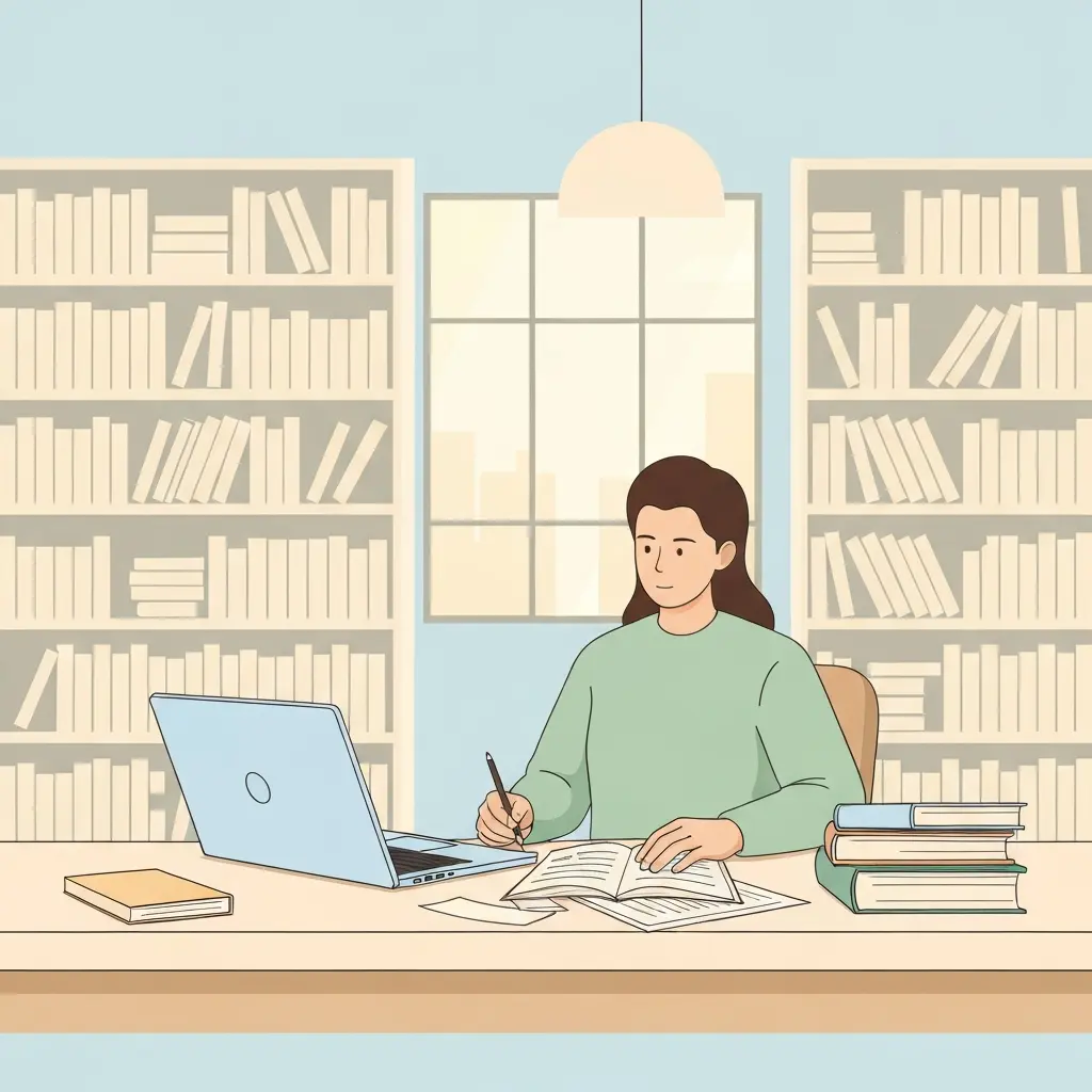 Estudiante preparando su TFG en un ordenador portátil en la biblioteca de una universidad española