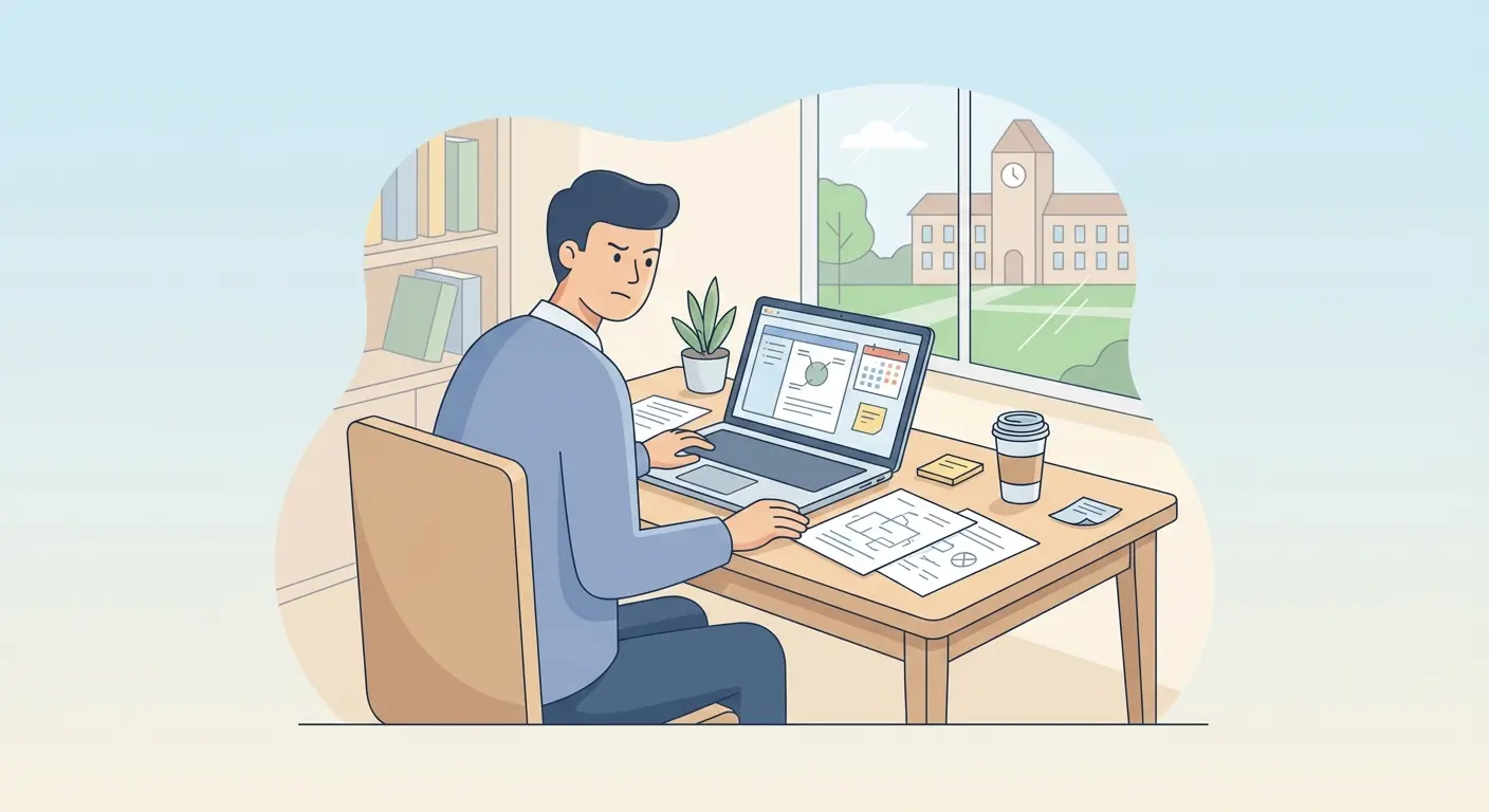 Estudiante universitario estresado frente al ordenador intentando empezar a redactar el TFG