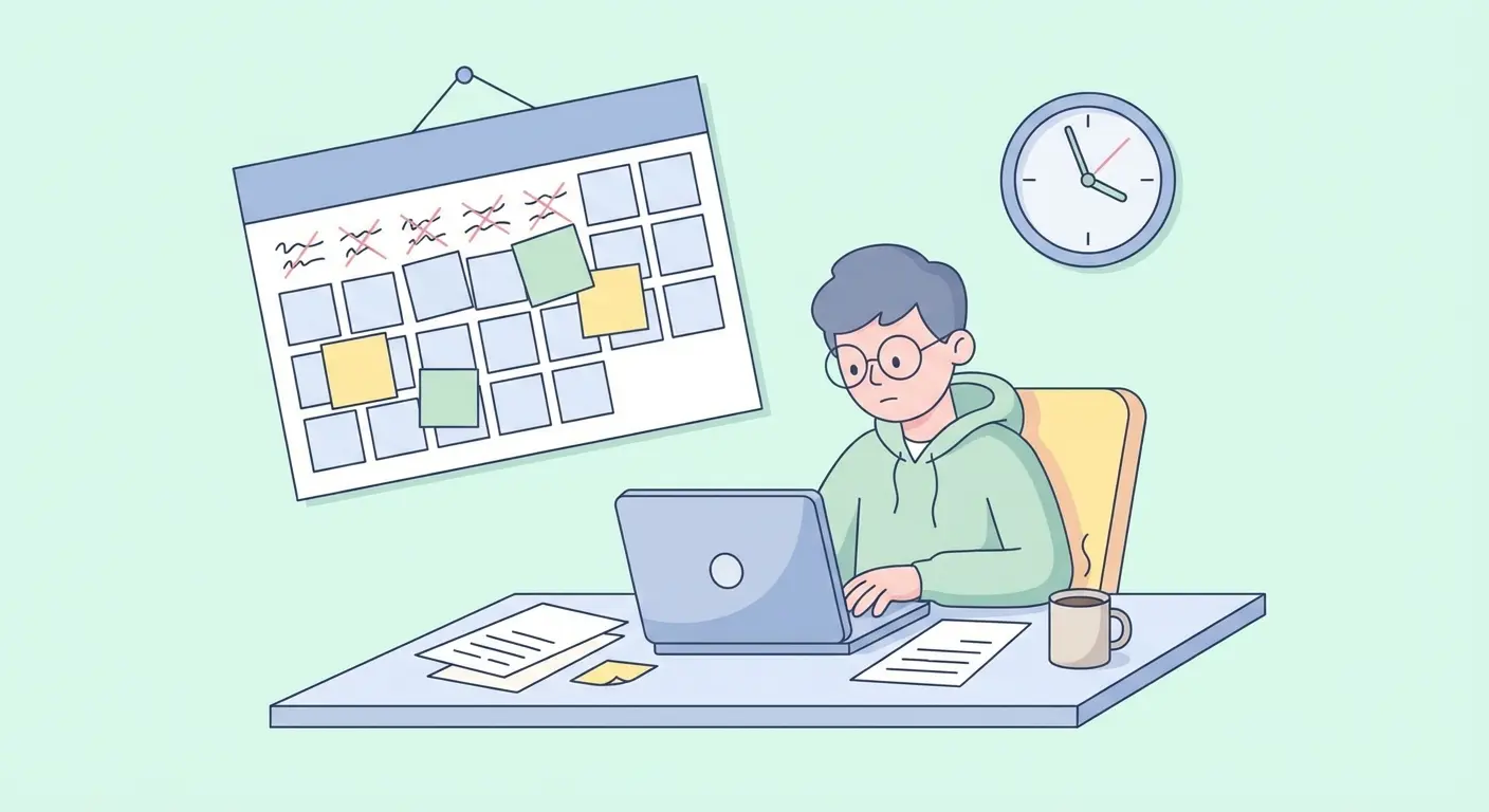 Estudiante universitario frente a un escritorio con calendario desordenado y papeles dispersos, representando un cronograma del TFG que no funciona