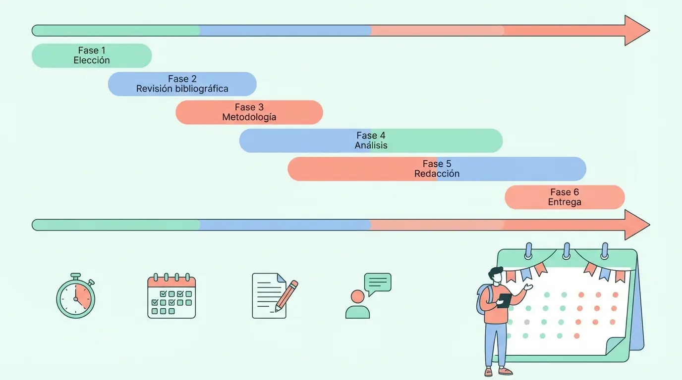 Ilustración vectorial plana de un cronograma TFG tipo diagrama Gantt que muestra fases solapadas y hitos