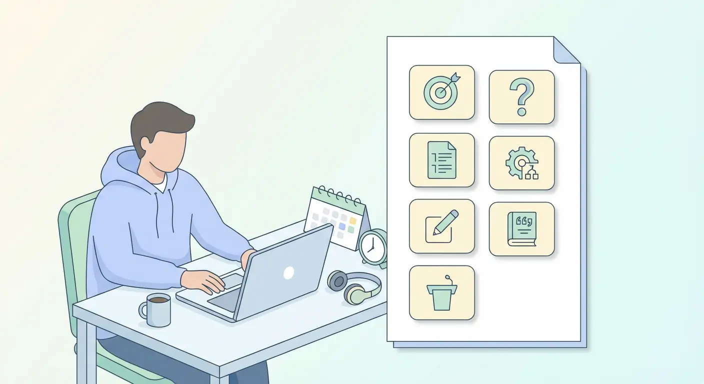 Ilustración de los 7 pasos para hacer un TFG: estudiante con portátil y checklist visual de elección de tema, pregunta de investigación, estructura, metodología, redacción, bibliografía y defensa oral