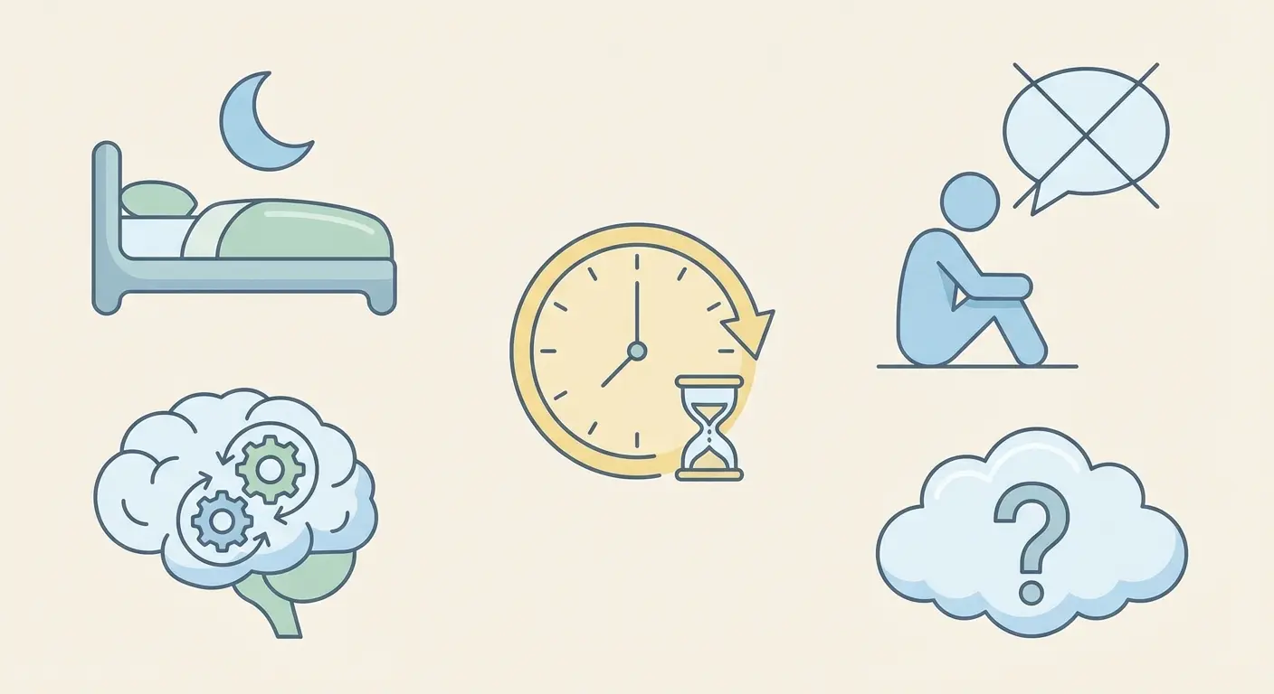 Iconos ilustrativos de señales de ansiedad académica en TFG TFM y tesis: insomnio, rumiación, presión temporal y aislamiento social