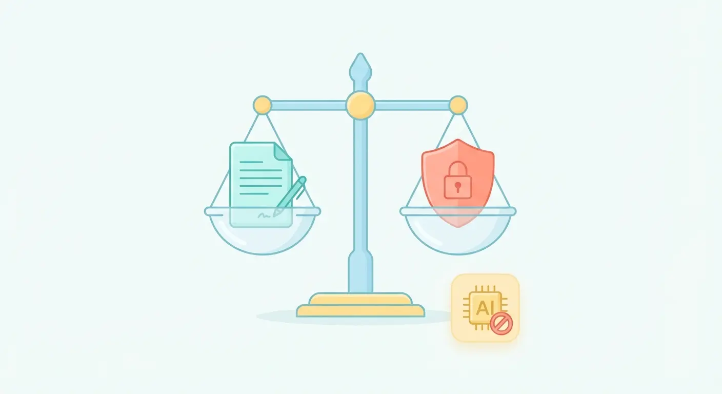 Ilustración sobre ética académica en redacción: balanza de justicia, atribución de fuentes y uso transparente de inteligencia artificial en investigación