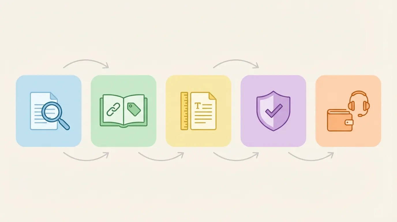 Cómo elegir IA para tesis — Guía visual paso a paso con cinco fases: identificar necesidades, verificar bibliografía, probar formato, comprobar antiplagio y evaluar precio