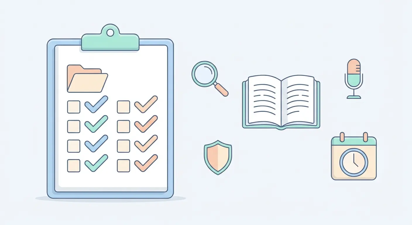 Checklist visual para apartado metodológico de un TFG cualitativo: íconos de justificación, técnicas, muestreo, análisis y ética
