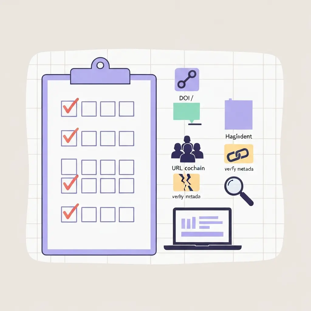 Checklist visual para verificar referencias APA 7: DOI, sangría francesa, autores, URLs y verificación de metadatos