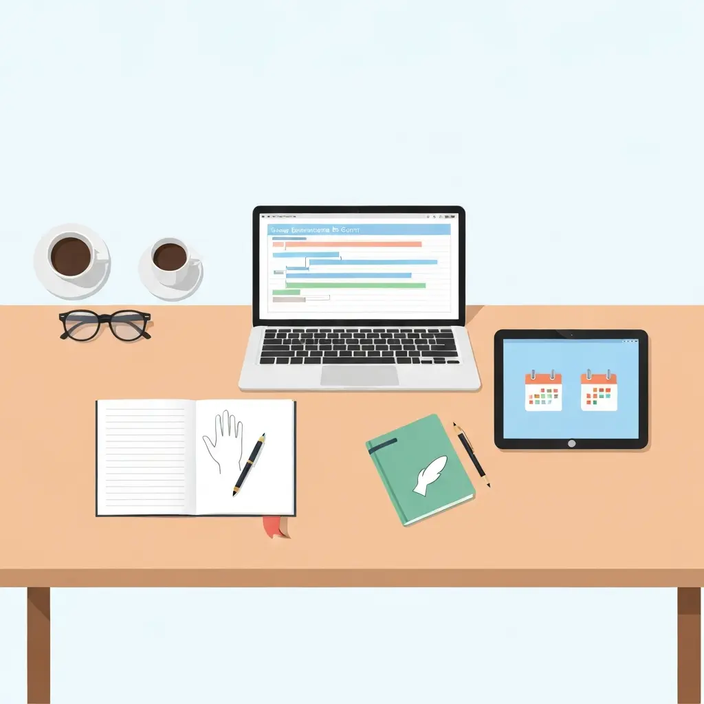 Plantilla Gantt para cronograma de tesis doctoral sobre escritorio, plantilla impresa y portátil