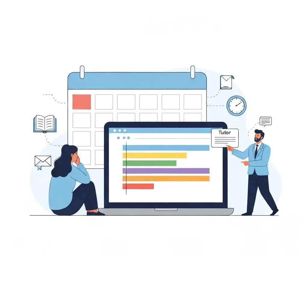 Cronograma de tesis doctoral: doctoranda revisando un diagrama de Gantt y calendario para planificar actividades