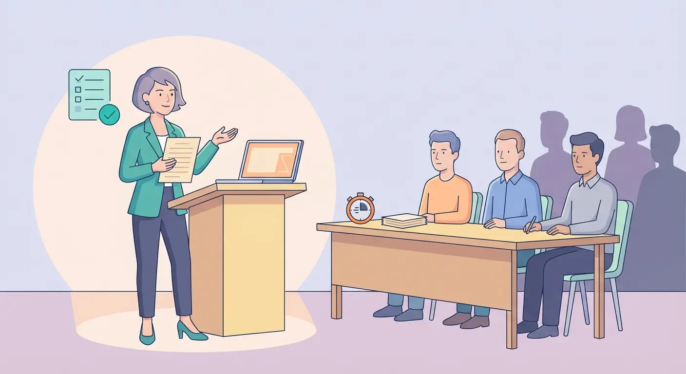 Estudiante ensayando la defensa oral del TFG frente a un tribunal simulado, con cronómetro y notas