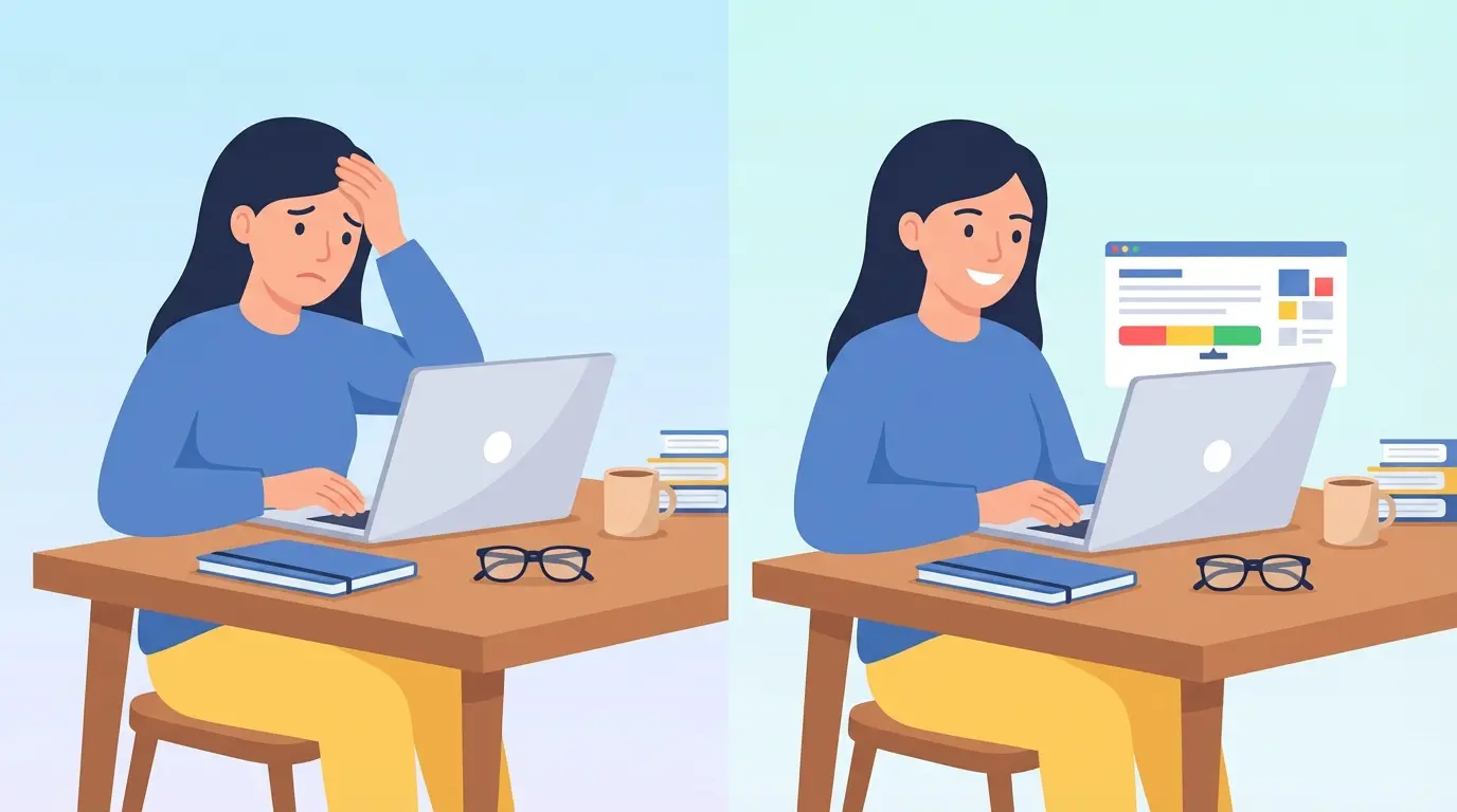 Detectar plagio TFG — estudiante revisando informe de similitud en el portátil, ilustración vectorial educativa