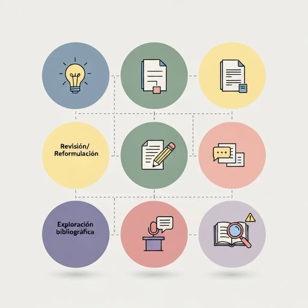 Infografía con cinco iconos que representan los usos estratégicos de ChatGPT en una tesis: brainstorming, estructuración, revisión de borradores, preparación de defensa y exploración bibliográfica