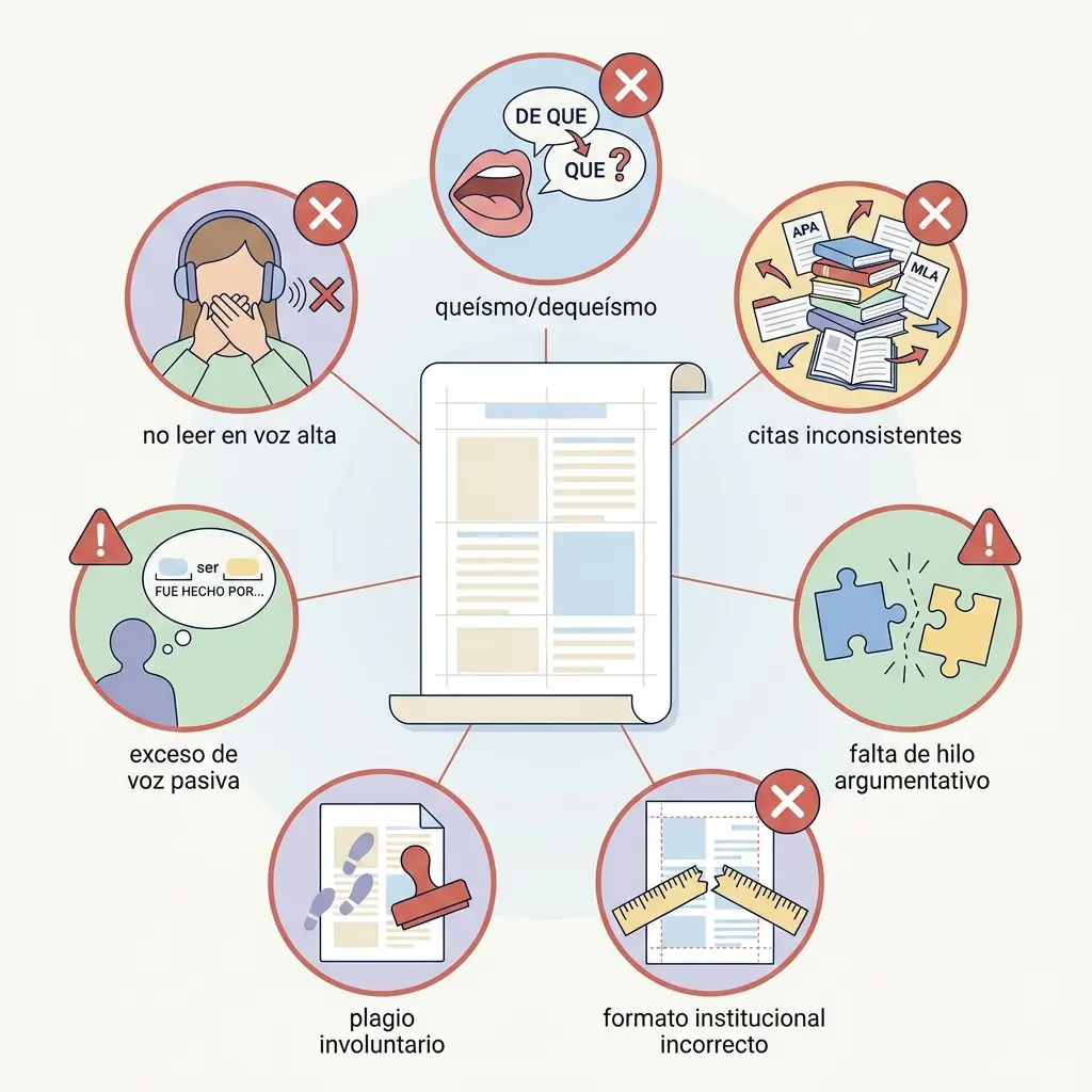 Ilustración de los 7 errores fatales que rechazan tesis — queísmo, citas inconsistentes, formato, plagio, voz pasiva