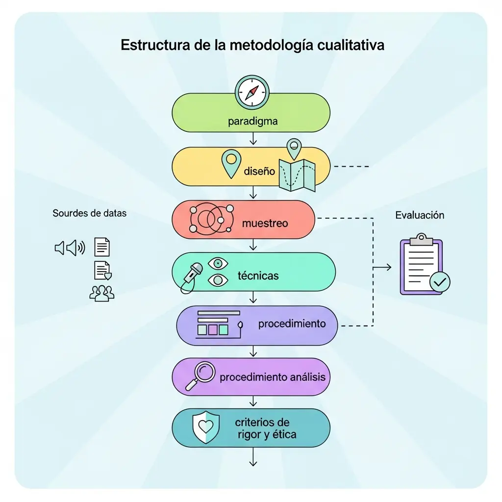 Infografía con los 6 apartados de la estructura de metodología cualitativa en un TFG aprobado: paradigma, diseño, muestreo, técnicas, análisis y criterios de rigor