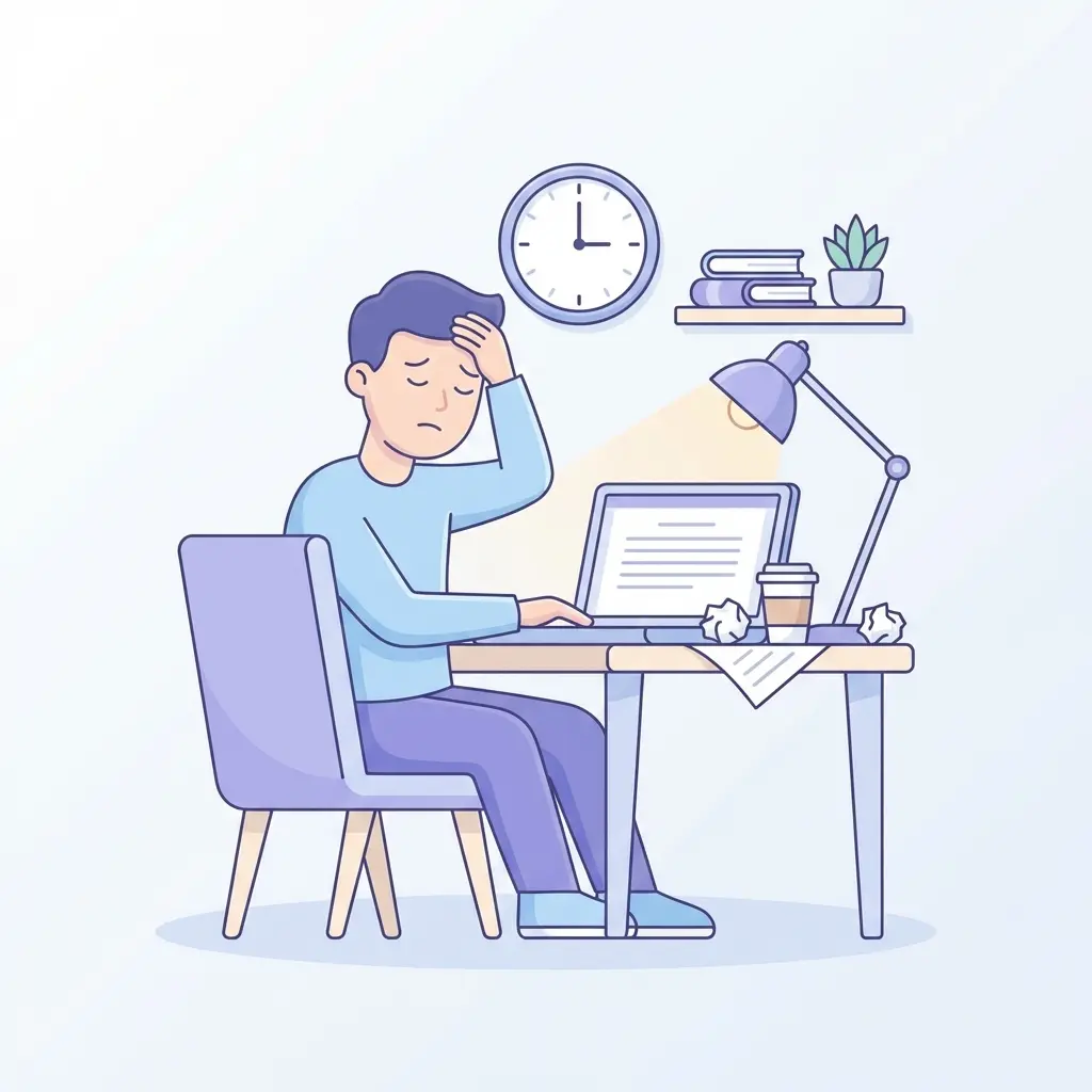 Estudiante bloqueada de madrugada frente a su portátil con papeles arrugados y reloj marcando las 3 de la mañana, representando el bloqueo al escribir una tesis universitaria