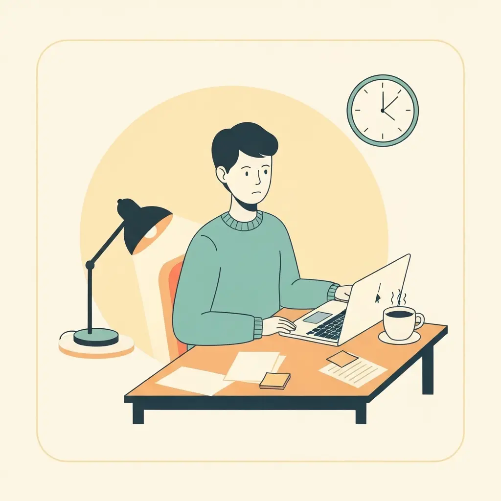 Ilustración de un estudiante trabajando en su tesis a las dos de la madrugada frente a un portátil con un documento en blanco, una taza de café y un reloj marcando las 2:00