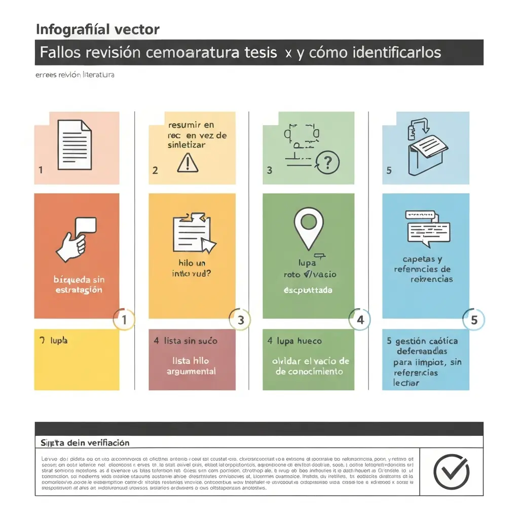 Infografía vectorial que muestra los 5 fallos comunes en una revisión de literatura tesis: resumir en vez de sintetizar, búsqueda sin estrategia, lista sin hilo argumental, olvidar el vacío de conocimiento y gestión caótica de referencias, con iconos descriptivos y checklist de autodiagnóstico