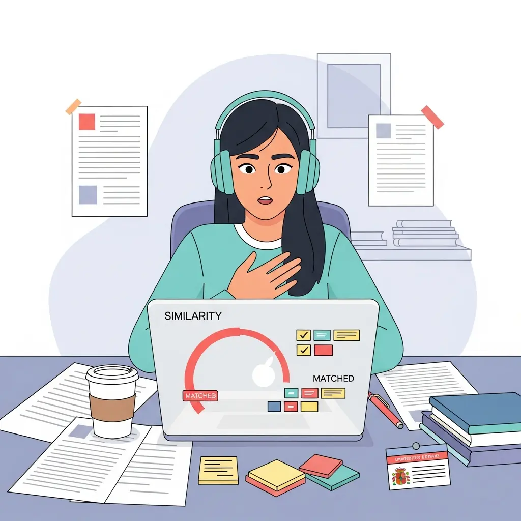 Estudiante revisando informe de Turnitin con falso positivo: laptop mostrando indicador de similitud