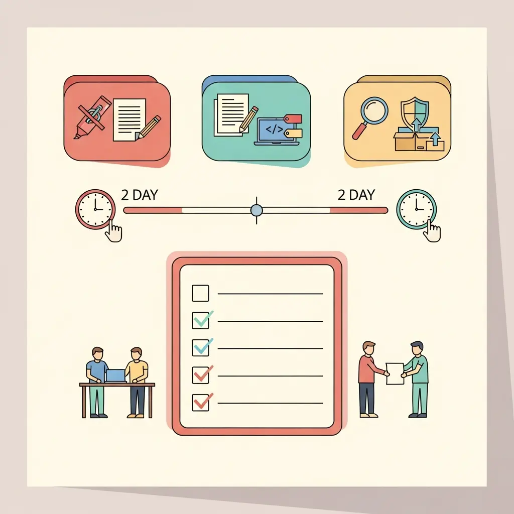 Ilustración de guía de 48 horas con checklist de corrección para metodología cualitativa de TFG: línea temporal con pasos de auditoría, redacción y entrega